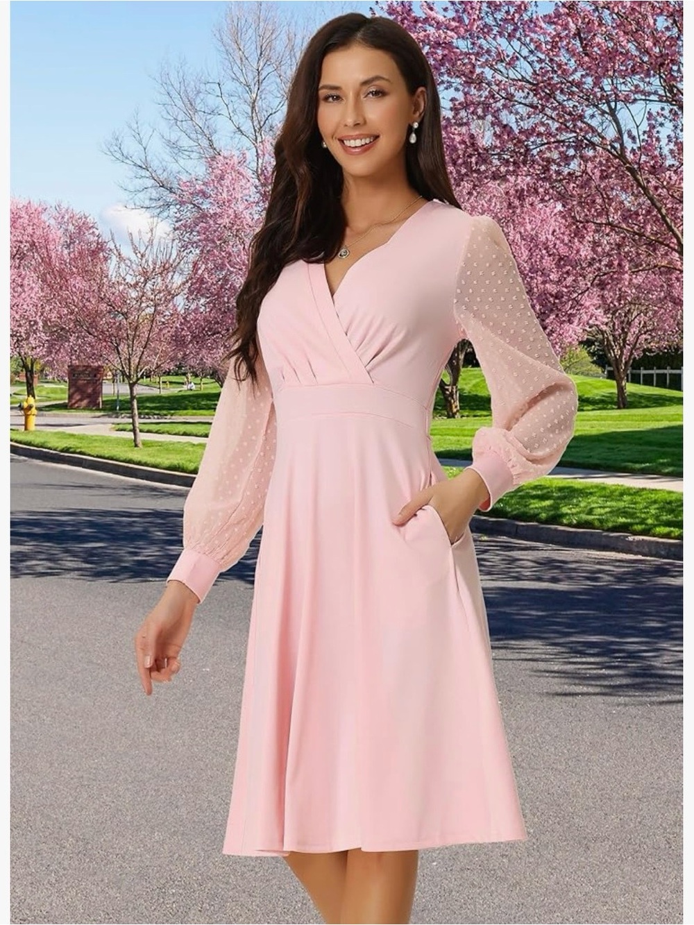 Soft Pink Swiss Dot Sleeve Wrap Dress
